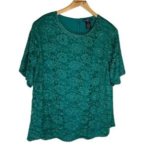 Woman Within 26W Teal Lace Beaded Short Sleeve Top Plus Evening Special Occasion